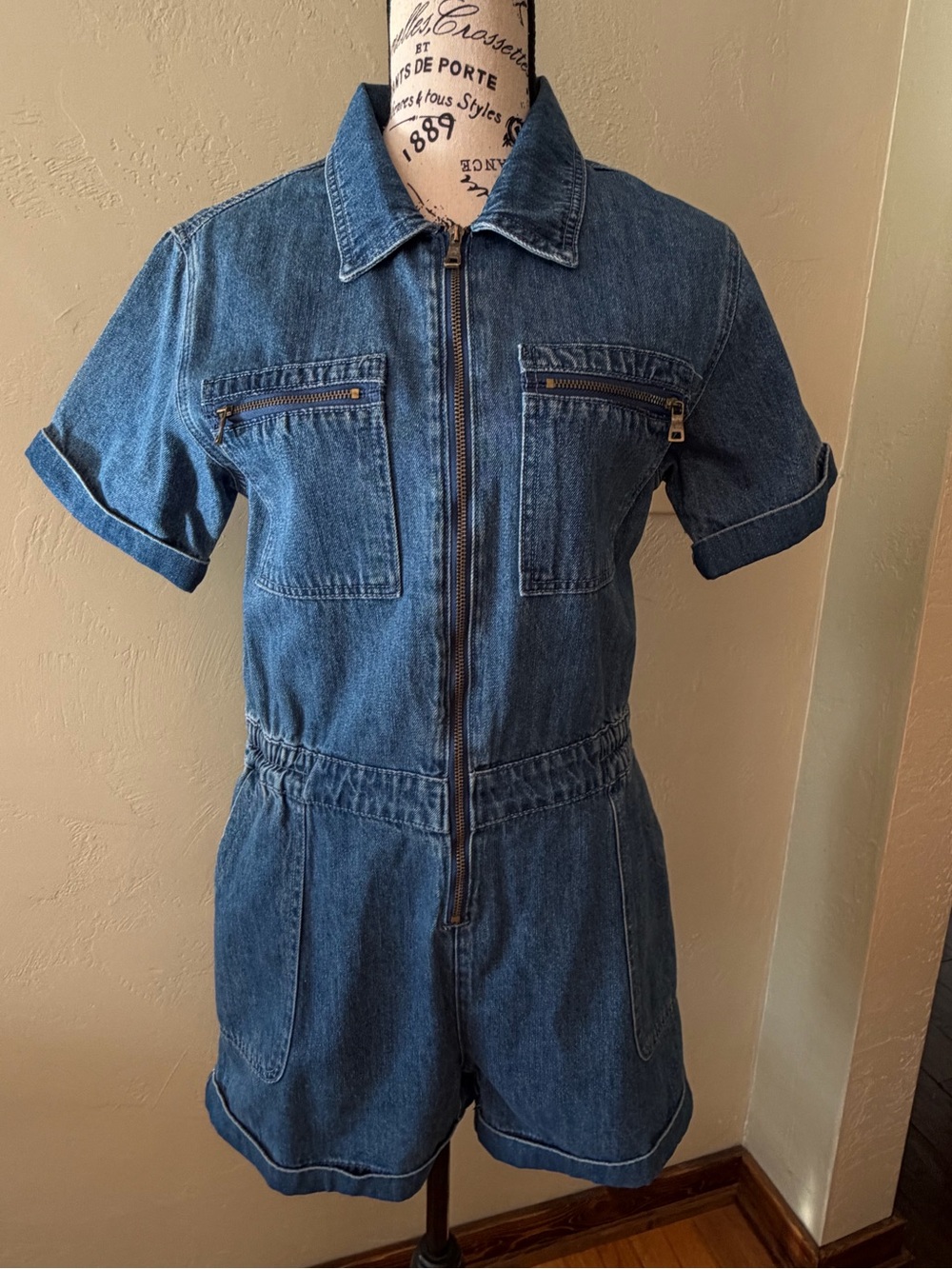 NWT Molly Bracken Dark Blue Denim Short Sleeve Zip-Front Romper